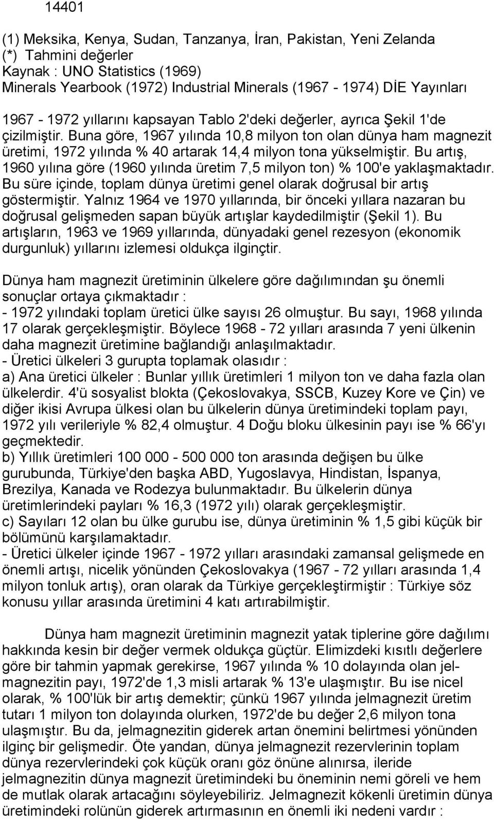 Buna göre, 1967 yõlõnda 10,8 milyon ton olan dünya ham magnezit üretimi, 1972 yõlõnda % 40 artarak 14,4 milyon tona yükselmiştir.