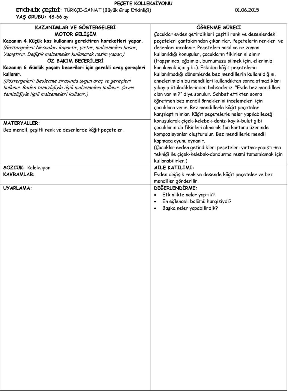 Günlük yaşam becerileri için gerekli araç gereçleri kullanır. (Göstergeleri: Beslenme sırasında uygun araç ve gereçleri kullanır. Beden temizliğiyle ilgili malzemeleri kullanır.