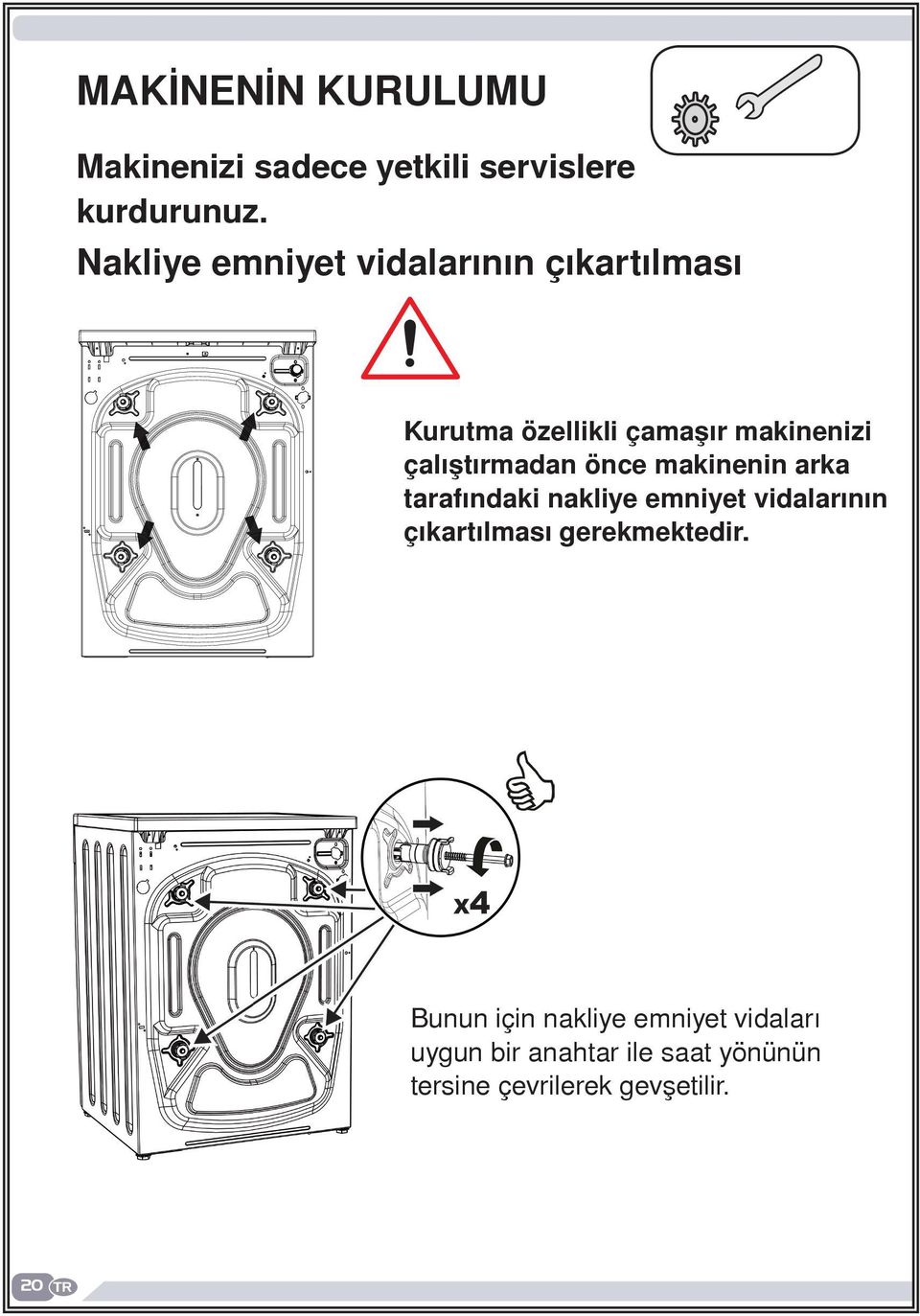 çalıştırmadan önce makinenin arka tarafındaki nakliye emniyet vidalarının çıkartılması