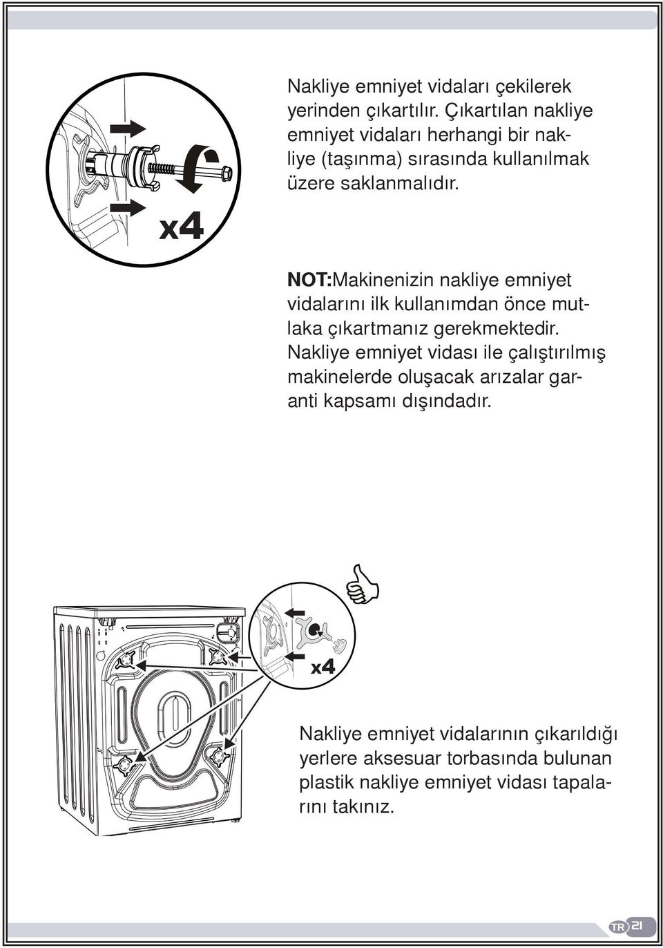 NOT:Makinenizin nakliye emniyet vidalarını ilk kullanımdan önce mutlaka çıkartmanız gerekmektedir.