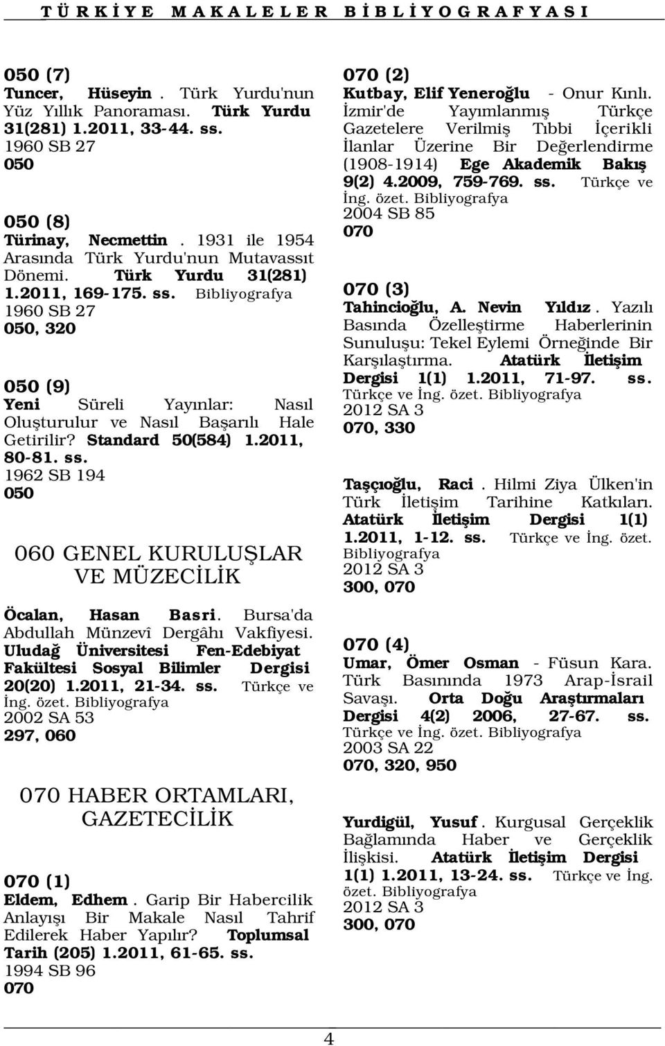 2004 SB 85 050 (8) 070 Türinay, Necmettin. 1931 ile 1954 Aras nda Türk Yurdu'nun Mutavass t Dönemi. Türk Yurdu 31(281) 1.2011, 169-175. ss.