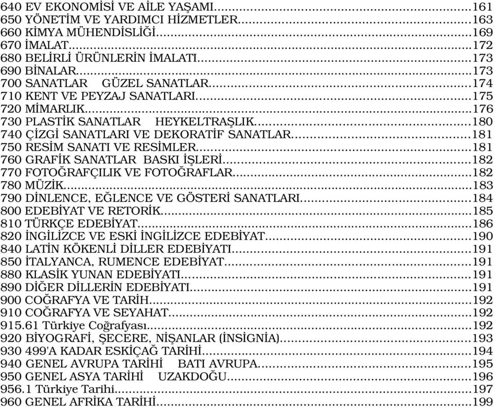 ..181 760 GRAF K SANATLAR BASKI filer...182 770 FOTO RAFÇILIK VE FOTO RAFLAR...182 780 MÜZ K...183 790 D NLENCE, E LENCE VE GÖSTER SANATLARI...184 800 EDEB YAT VE RETOR K...185 810 TÜRKÇE EDEB YAT.