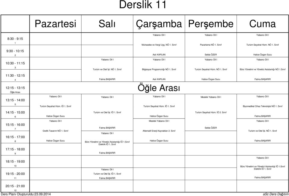 Sınıf Turizm Seyahat Hizm. İÖ. Sınıf Biyomedikal Cihaz Teknolojisi NÖ. Sınıf : - :00 Hatice Özgan Sucu Turizm ve Otel İşl. İÖ. Sınıf Hatice Özgan Sucu Turizm Seyahat Hizm. İÖ. Sınıf Fatma BAŞARIR : - :00 : - :00 Grafik Tasarım NÖ.