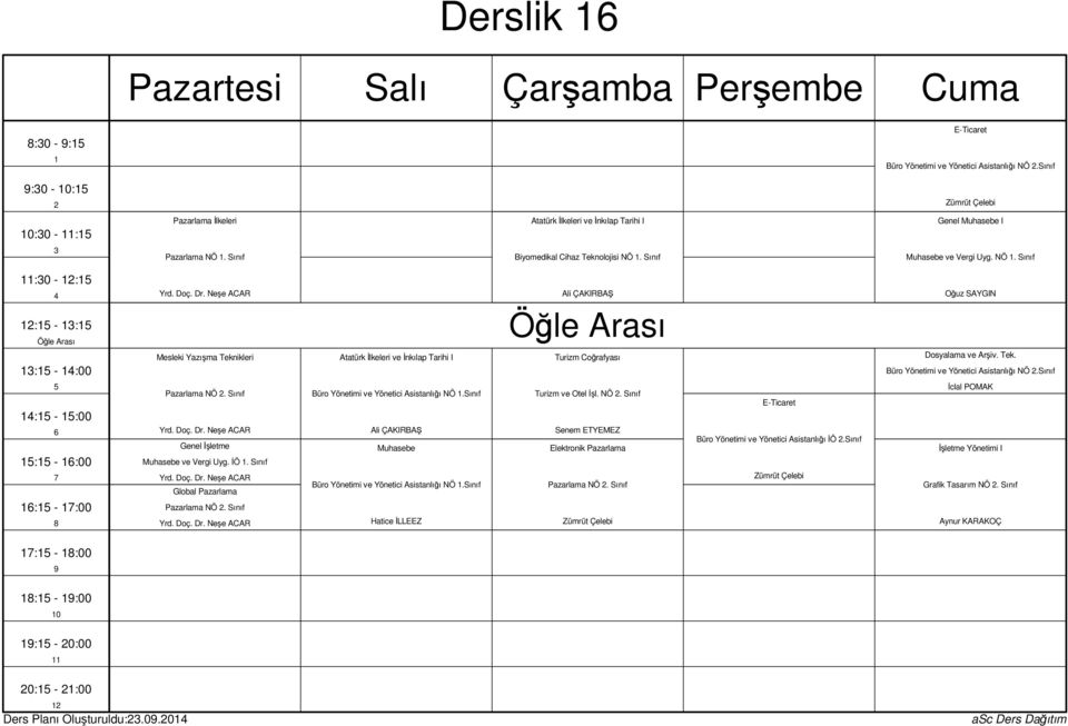 Sınıf : - :00 : - :00 : - :00 Pazarlama NÖ. Sınıf Genel İşletme Muhasebe ve Vergi Uyg. İÖ. Sınıf Global Pazarlama Pazarlama NÖ. Sınıf Büro Yönetimi ve Yönetici Asistanlığı NÖ.