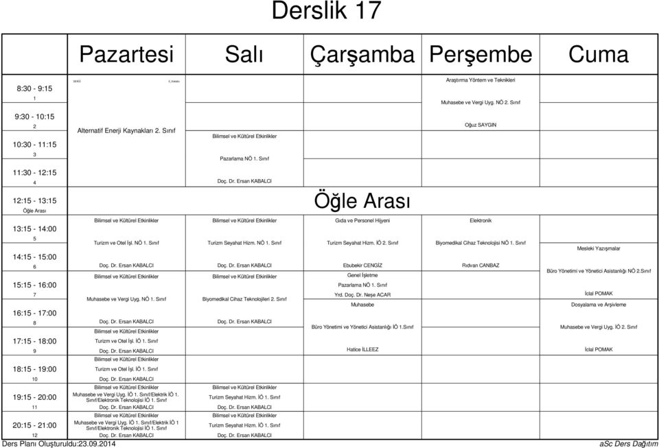 Ersan KABALCI : - :00 Bilimsel ve Kültürel Etkinlikler Bilimsel ve Kültürel Etkinlikler Gıda ve Personel Hijyeni Elektronik : - :00 : - :00 : - :00 : - :00 : - :00 Turizm ve Otel İşl. NÖ. Sınıf Doç.