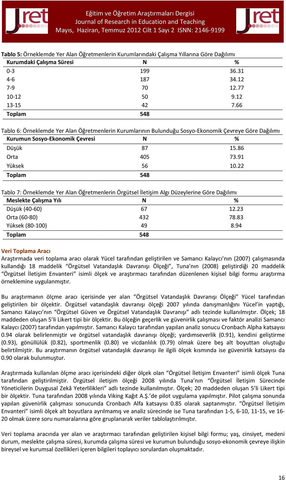 22 Tablo 7: Örneklemde Yer Alan Öğretmenlerin Örgütsel İletişim Algı Düzeylerine Göre Dağılımı Meslekte Çalışma Yılı N % Düşük (40-60) 67 12.23 Orta (60-80) 432 78.83 Yüksek (80-100) 49 8.