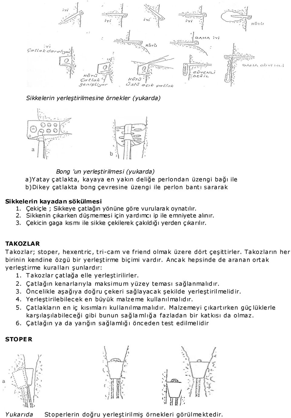 Çekicin gaga kısmı ile sikke çekilerek çakıldığı yerden çıkarılır. TAKOZLAR T akozlar; stoper, hexent ric, t ri-cam ve friend olmak üzere dört çeşitt irler.