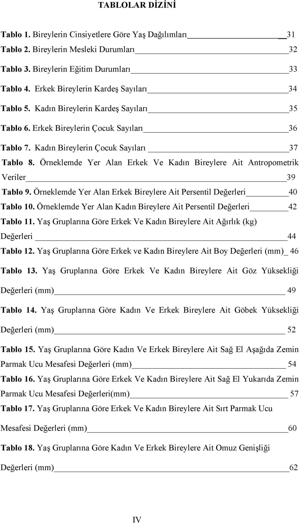 Örneklemde Yer Alan Erkek Ve Kadın Bireylere Ait Antropometrik Veriler 39 Tablo 9. Örneklemde Yer Alan Erkek Bireylere Ait Persentil Değerleri 40 Tablo 10.