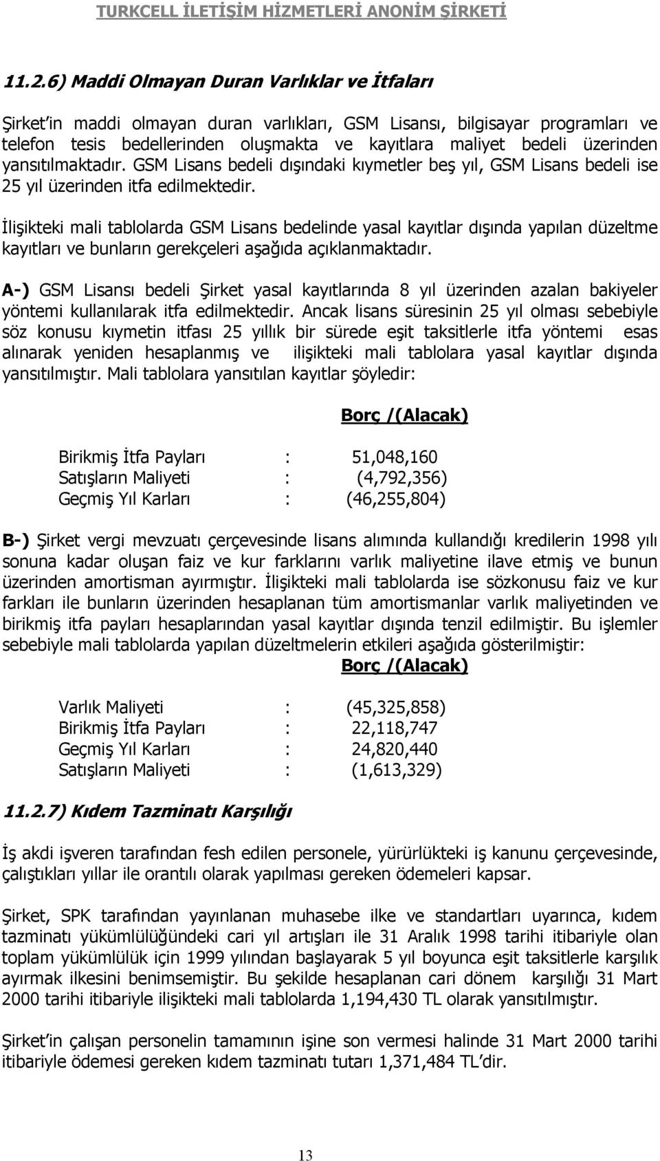 İlişikteki mali tablolarda GSM Lisans bedelinde yasal kayıtlar dışında yapılan düzeltme kayıtları ve bunların gerekçeleri aşağıda açıklanmaktadır.