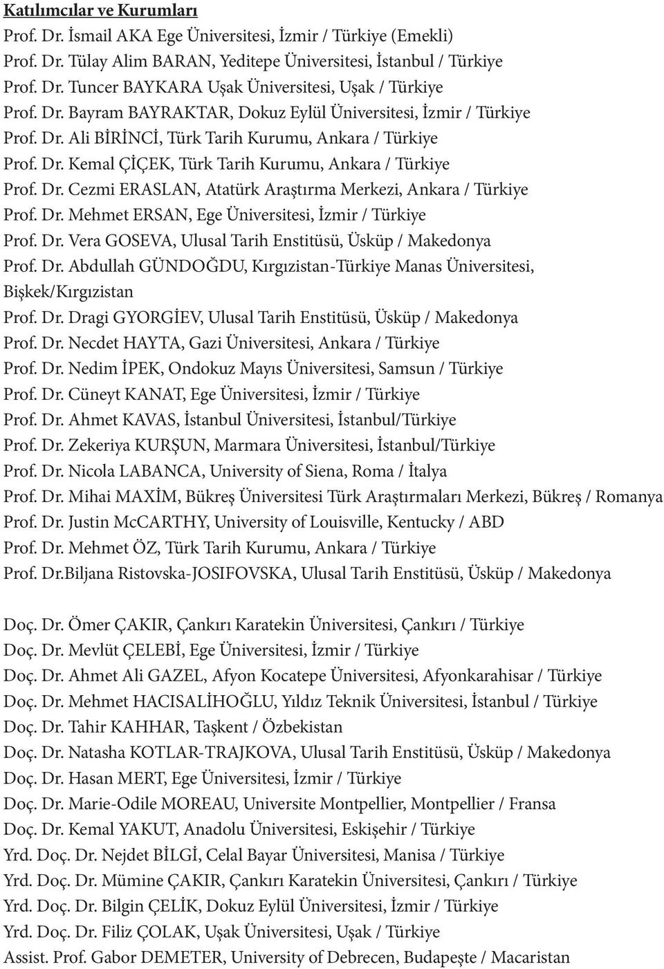 Dr. Mehmet ERSAN, Ege Üniversitesi, İzmir / Türkiye Prof. Dr. Vera GOSEVA, Ulusal Tarih Enstitüsü, Üsküp / Makedonya Prof. Dr. Abdullah GÜNDOĞDU, Kırgızistan-Türkiye Manas Üniversitesi, Bişkek/Kırgızistan Prof.