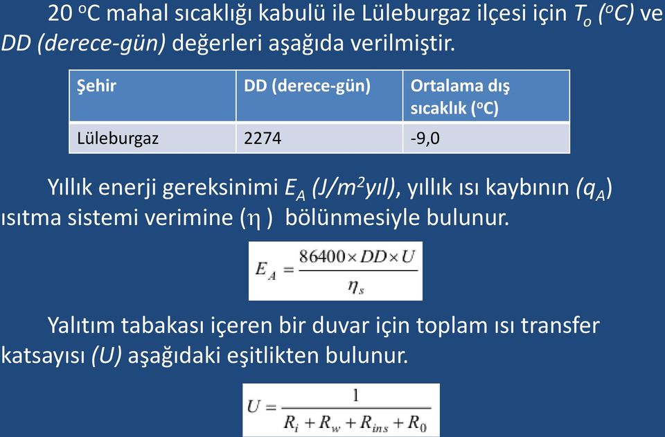 Şehir DD (derece-gün) Ortalama dış sıcaklık ( o C) Lüleburgaz 2274-9, Yıllık enerji gereksinimi E A