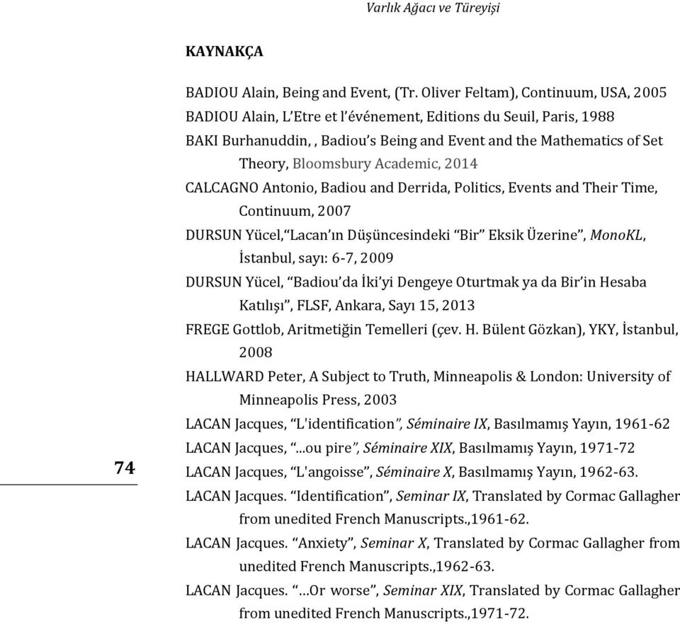 Academic, 2014 CALCAGNO Antonio, Badiou and Derrida, Politics, Events and Their Time, Continuum, 2007 DURSUN Yücel, Lacan ın Düşüncesindeki Bir Eksik Üzerine, MonoKL, İstanbul, sayı: 6-7, 2009 DURSUN