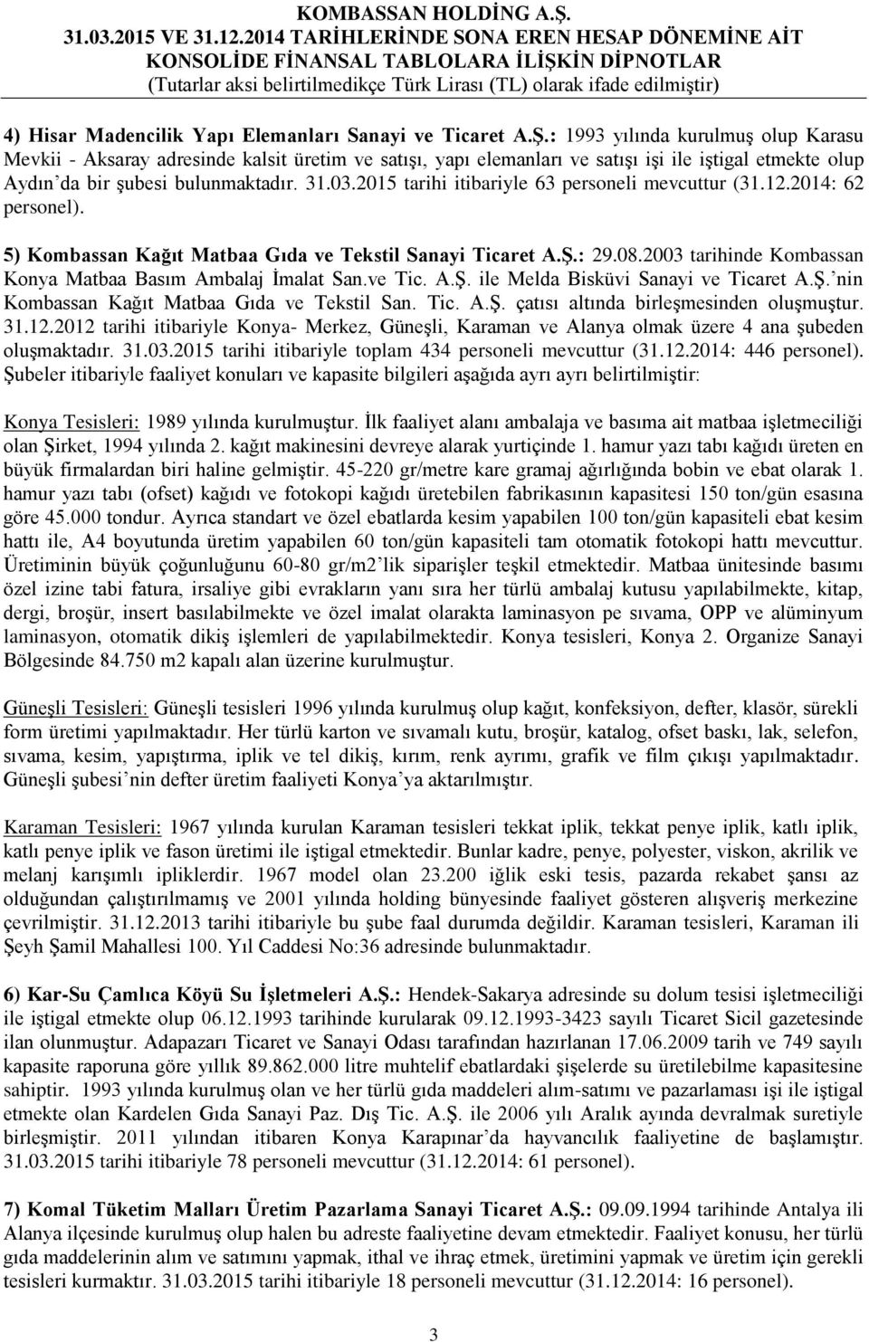 2015 tarihi itibariyle 63 personeli mevcuttur (31.12.2014: 62 personel). 5) Kombassan Kağıt Matbaa Gıda ve Tekstil Sanayi Ticaret A.Ş.: 29.08.