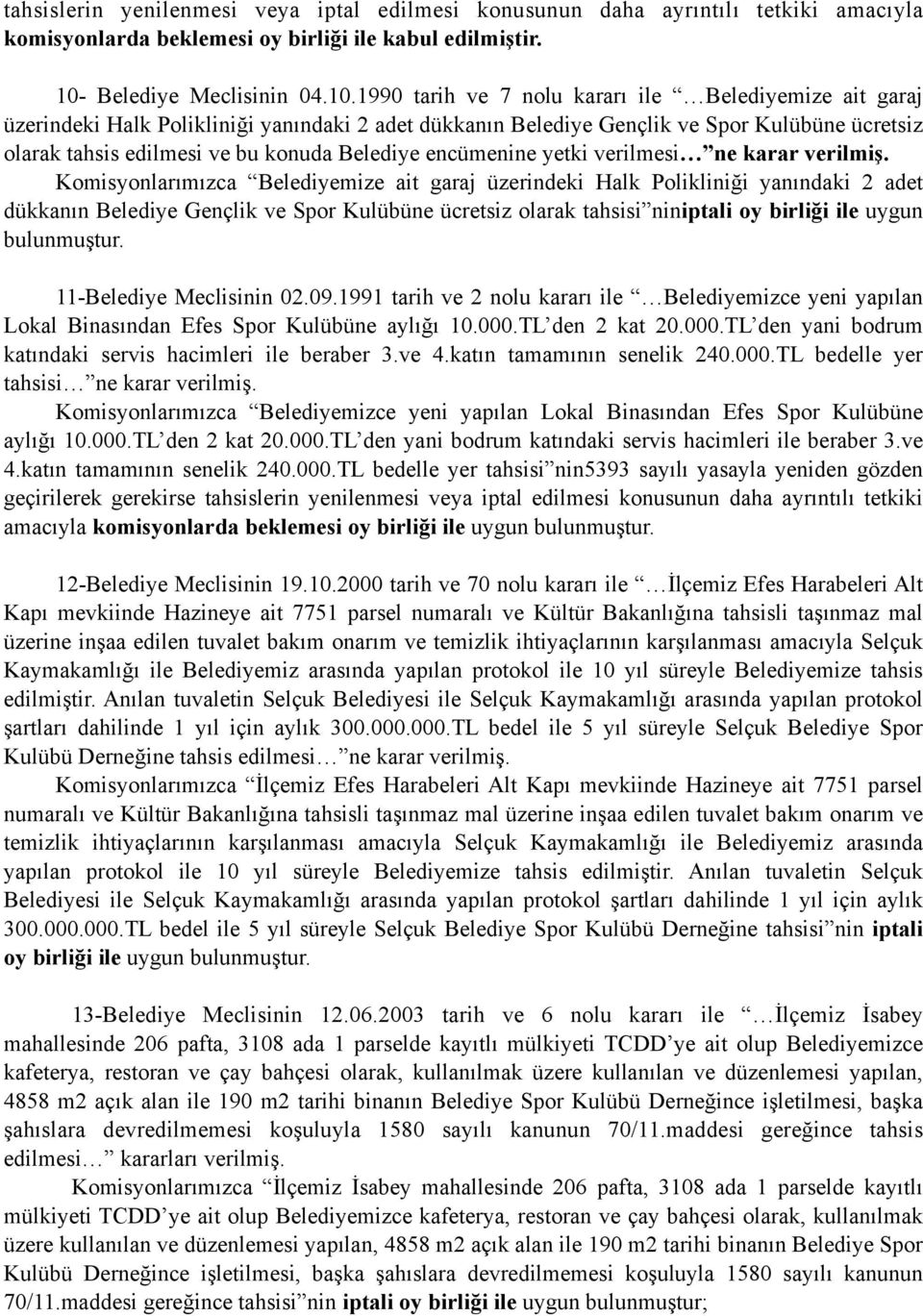 1990 tarih ve 7 nolu kararı ile Belediyemize ait garaj üzerindeki Halk Polikliniği yanındaki 2 adet dükkanın Belediye Gençlik ve Spor Kulübüne ücretsiz olarak tahsis edilmesi ve bu konuda Belediye