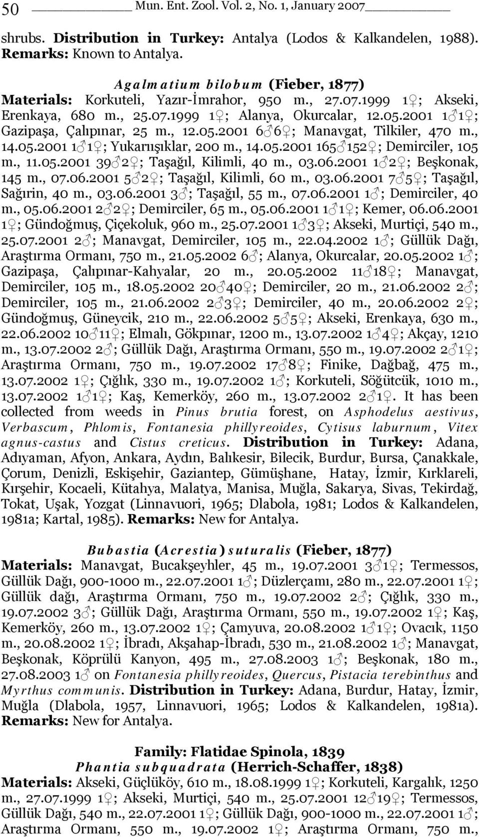 , 12.05.2001 6 6 ; Manavgat, Tilkiler, 470 m., 14.05.2001 1 1 ; Yukarıışıklar, 200 m., 14.05.2001 165 152 ; Demirciler, 105 m., 11.05.2001 39 2 ; Taşağıl, Kilimli, 40 m., 03.06.