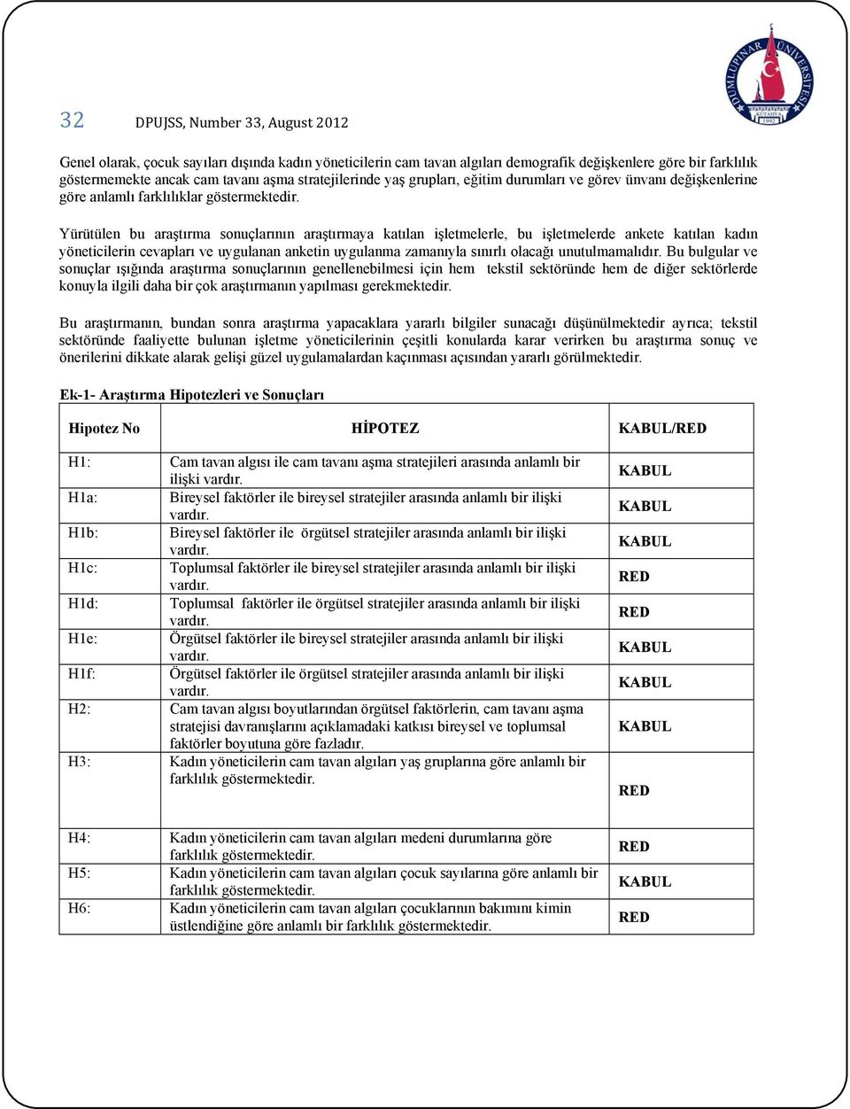 Yürütülen bu araştırma sonuçlarının araştırmaya katılan işletmelerle, bu işletmelerde ankete katılan kadın yöneticilerin cevapları ve uygulanan anketin uygulanma zamanıyla sınırlı olacağı