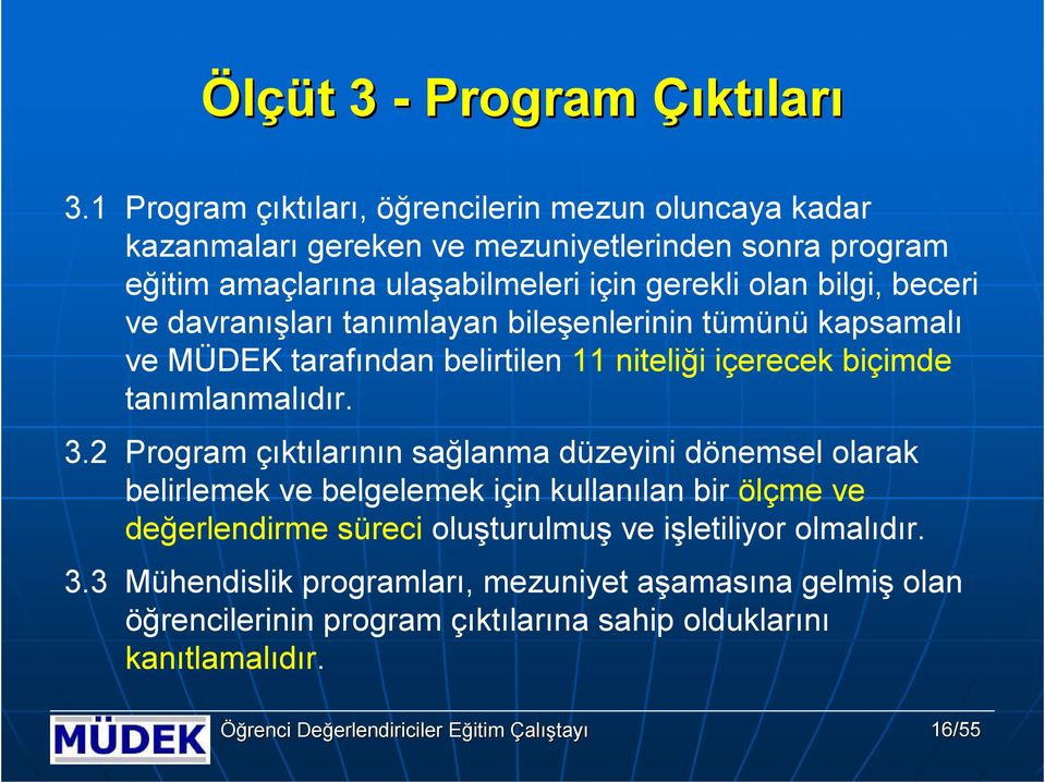 bilgi, beceri ve davranışları tanımlayan bileşenlerinin tümünü kapsamalı ve MÜDEK tarafından belirtilen 11 niteliği içerecek biçimde tanımlanmalıdır. 3.