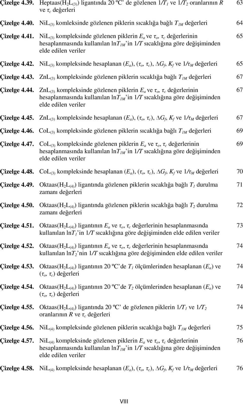 NiL (3) kompleksinde gözlenen piklerin E a ve τ o, τ c değerlerinin hesaplanmasında kullanılan lnt 1M in 1/T sıcaklığına göre değişiminden elde edilen veriler 65 Çizelge 4.42.
