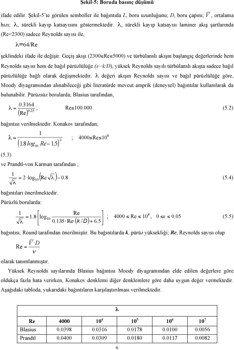 Geçiş akışı (300 Re 5000) ve türbülaslı akışı başlagıç değerleride hem Reyolds sayısı hem de bağıl pürüzlülüğe (εk/d), yüksek Reyolds sayılı türbülaslı akışta sadece bağıl pürüzlülüğe bağlı olarak