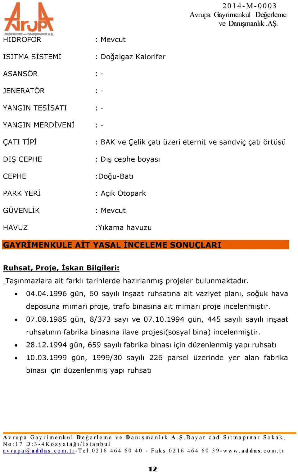 tarihlerde hazırlanmış projeler bulunmaktadır. 04.04.1996 gün, 60 sayılı inşaat ruhsatına ait vaziyet planı, soğuk hava deposuna mimari proje, trafo binasına ait mimari proje incelenmiştir. 07.08.