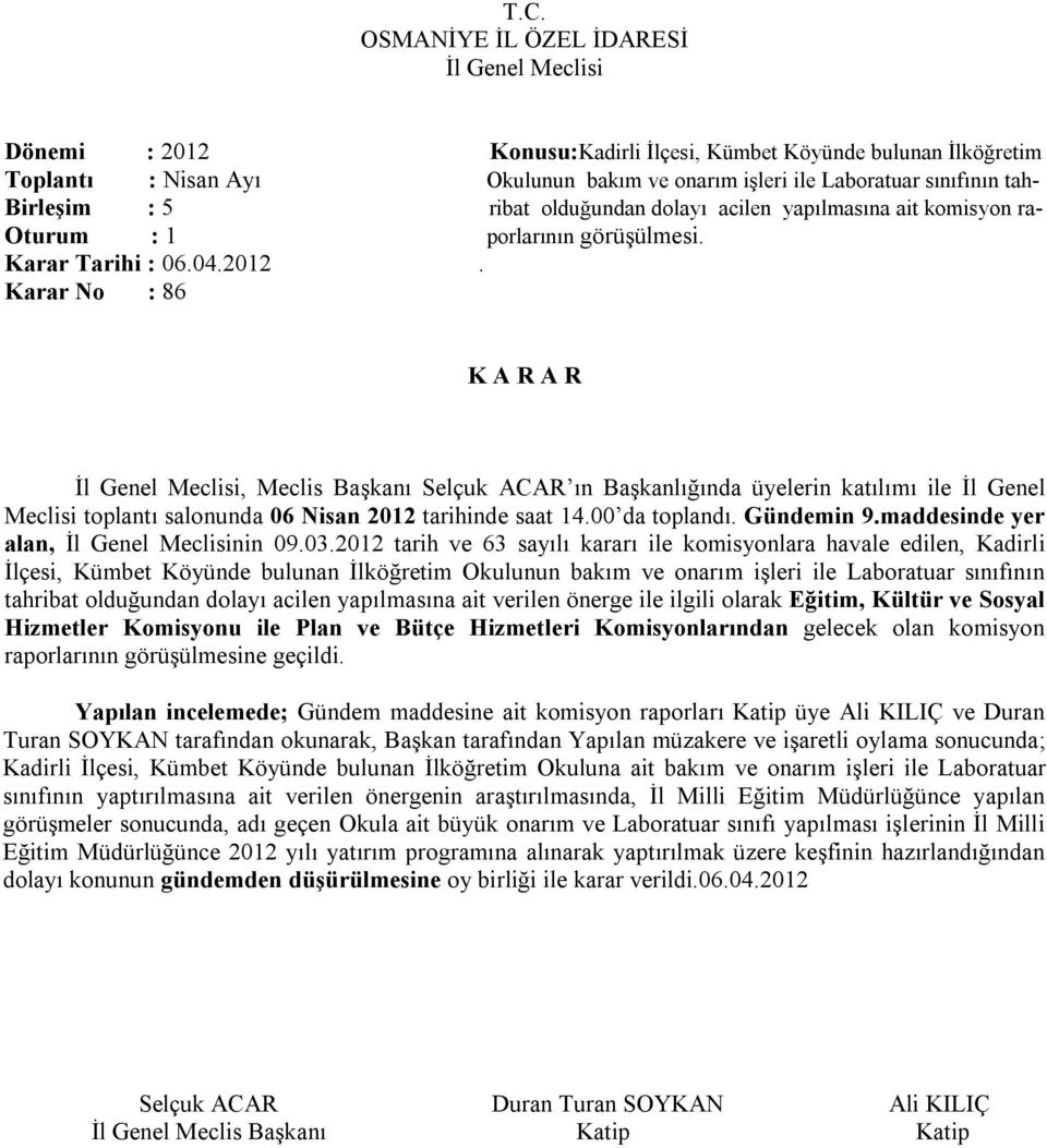 Karar No : 86, Meclis Başkanı Selçuk ACAR ın Başkanlığında üyelerin katılımı ile İl Genel Meclisi toplantı salonunda 06 Nisan 2012 tarihinde saat 14.00 da toplandı. Gündemin 9.