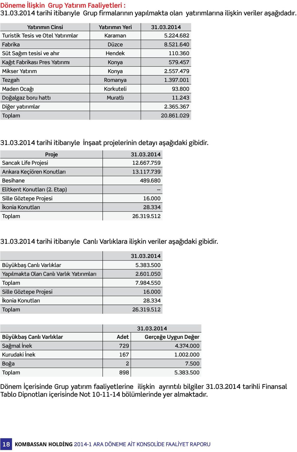 800 Doğalgaz boru hattı Muratlı 11.243 Diğer yatırımlar 2.365.367 Toplam 20.861.029 31.03.2014 tarihi itibarıyle İnşaat projelerinin detayı aşağıdaki gibidir. Proje 31.03.2014 Sancak Life Projesi 12.