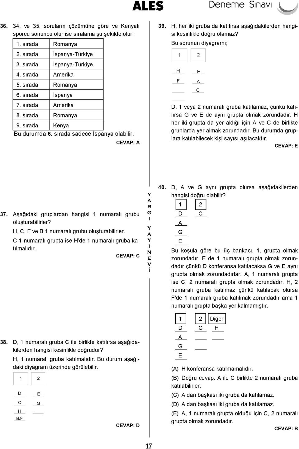 Bu sorunun diyagramı; H F 1 H A C D, 1 veya numaralı gruba katılamaz, çünkü katılırsa G ve E de aynı grupta olmak zorundadır.