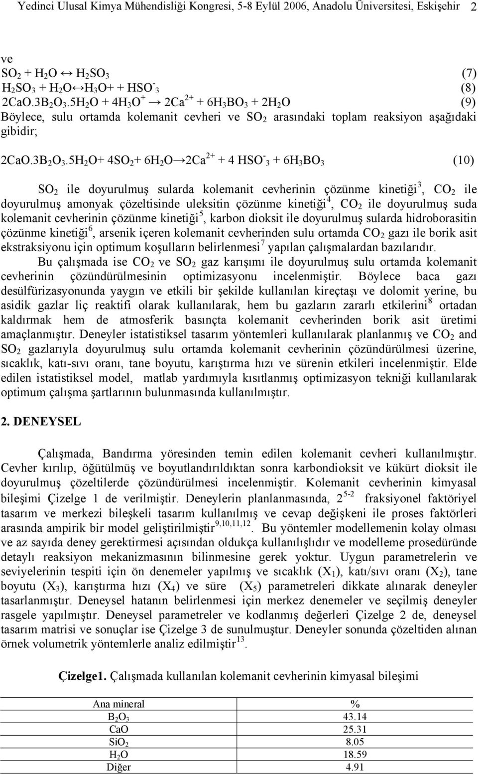 5H O+ 4SO + 6H O Ca + + 4 HSO - 3 + 6H 3 BO 3 (10) SO ile doyurulmuş sularda kolemanit cevherinin çözünme kinetiği 3, CO ile doyurulmuş amonyak çözeltisinde uleksitin çözünme kinetiği 4, CO ile