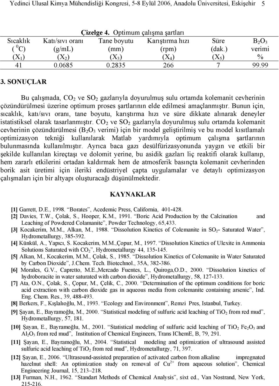 SONUÇLAR Bu çalışmada, CO ve SO gazlarıyla doyurulmuş sulu ortamda kolemanit cevherinin çözündürülmesi üzerine optimum proses şartlarının elde edilmesi amaçlanmıştır.