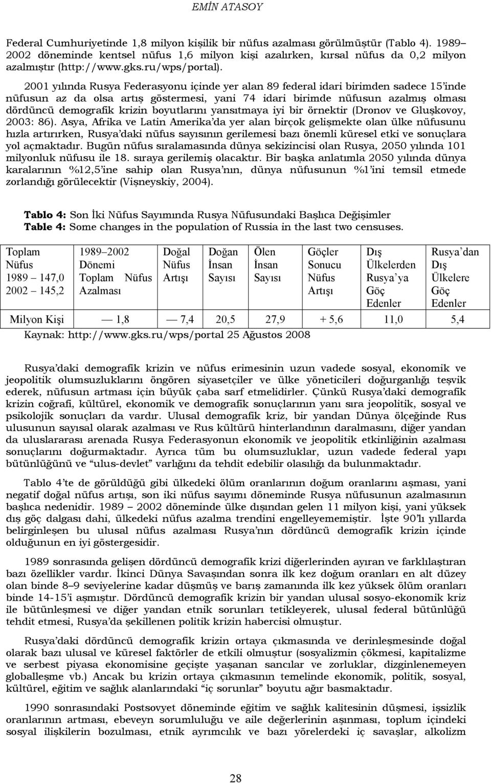 2001 yılında Rusya Federasyonu içinde yer alan 89 federal idari birimden sadece 15 inde nüfusun az da olsa artış göstermesi, yani 74 idari birimde nüfusun azalmış olması dördüncü demografik krizin