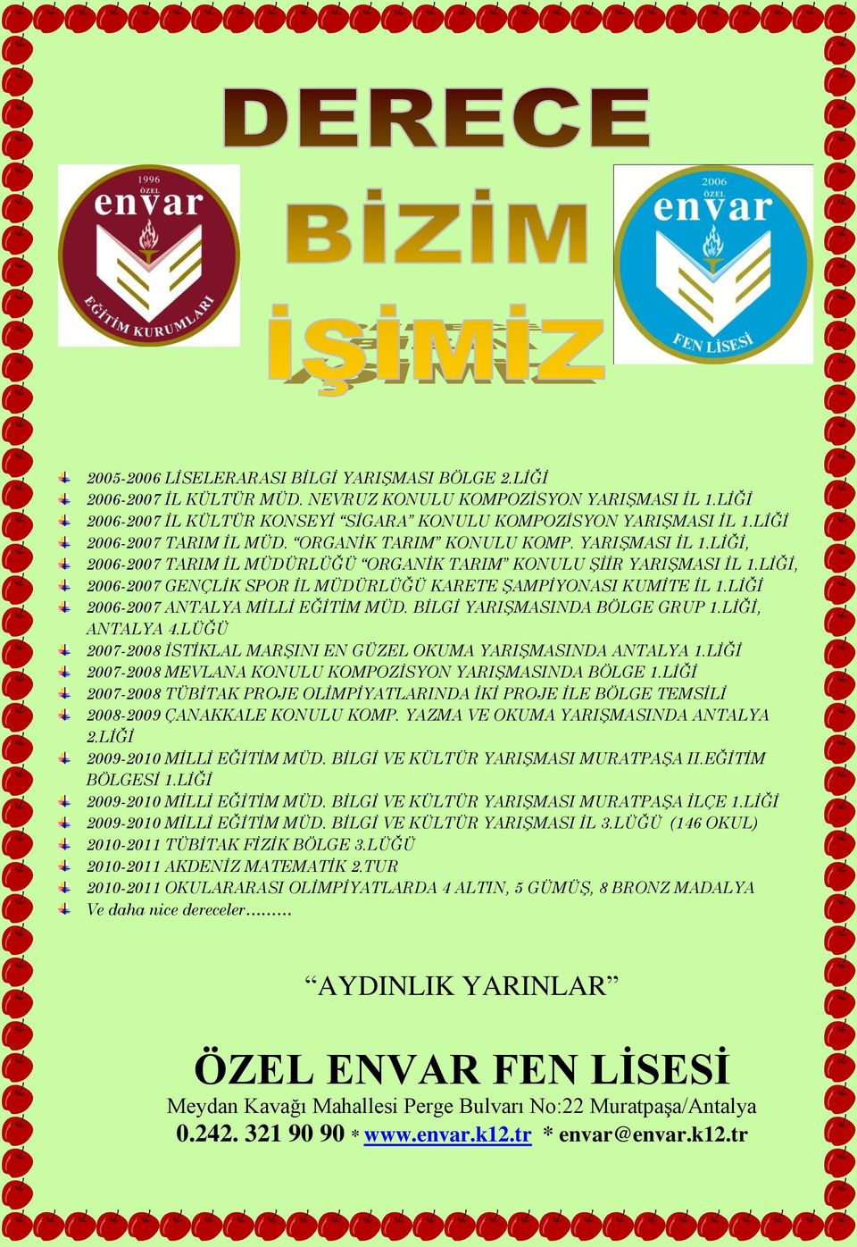 LİĞİ, 006-007 GENÇLİK SPOR İL MÜDÜRLÜĞÜ KARETE ŞAMPİYONASI KUMİTE İL 1.LİĞİ 006-007 ANTALYA MİLLİ EĞİTİM MÜD. BİLGİ YARIŞMASINDA BÖLGE GRUP 1.LİĞİ, ANTALYA 4.