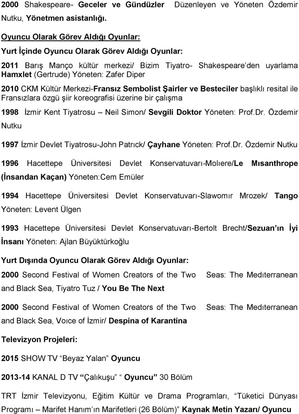 2010 CKM Kültür Merkezi-Fransız Sembolist Şairler ve Besteciler başlıklı resital ile Fransızlara özgü şiir koreografisi üzerine bir çalışma 1998 İzmir Kent Tiyatrosu Neil Simon/ Sevgili Doktor