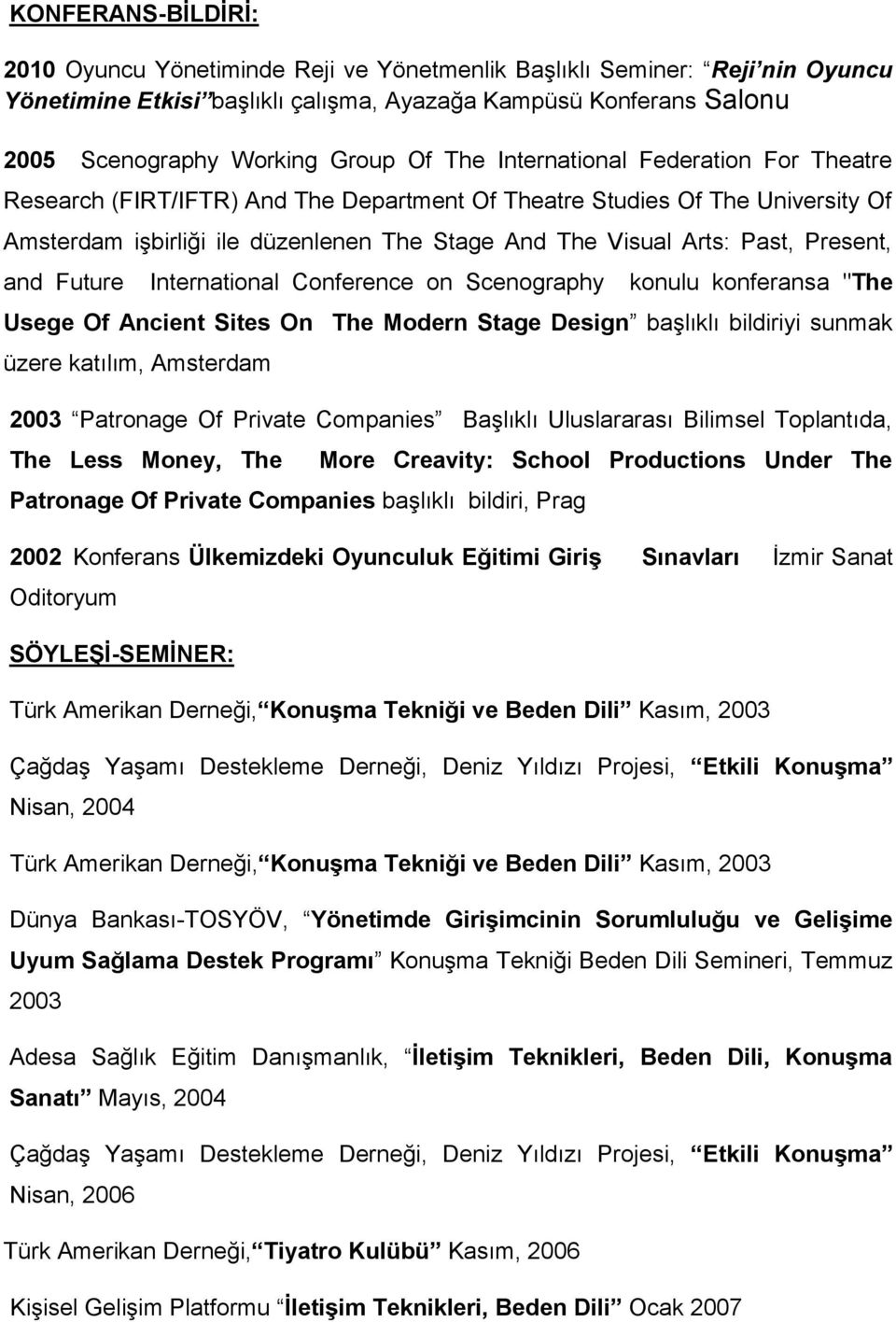 Present, and Future International Conference on Scenography konulu konferansa "The Usege Of Ancient Sites On The Modern Stage Design başlıklı bildiriyi sunmak üzere katılım, Amsterdam 2003 Patronage