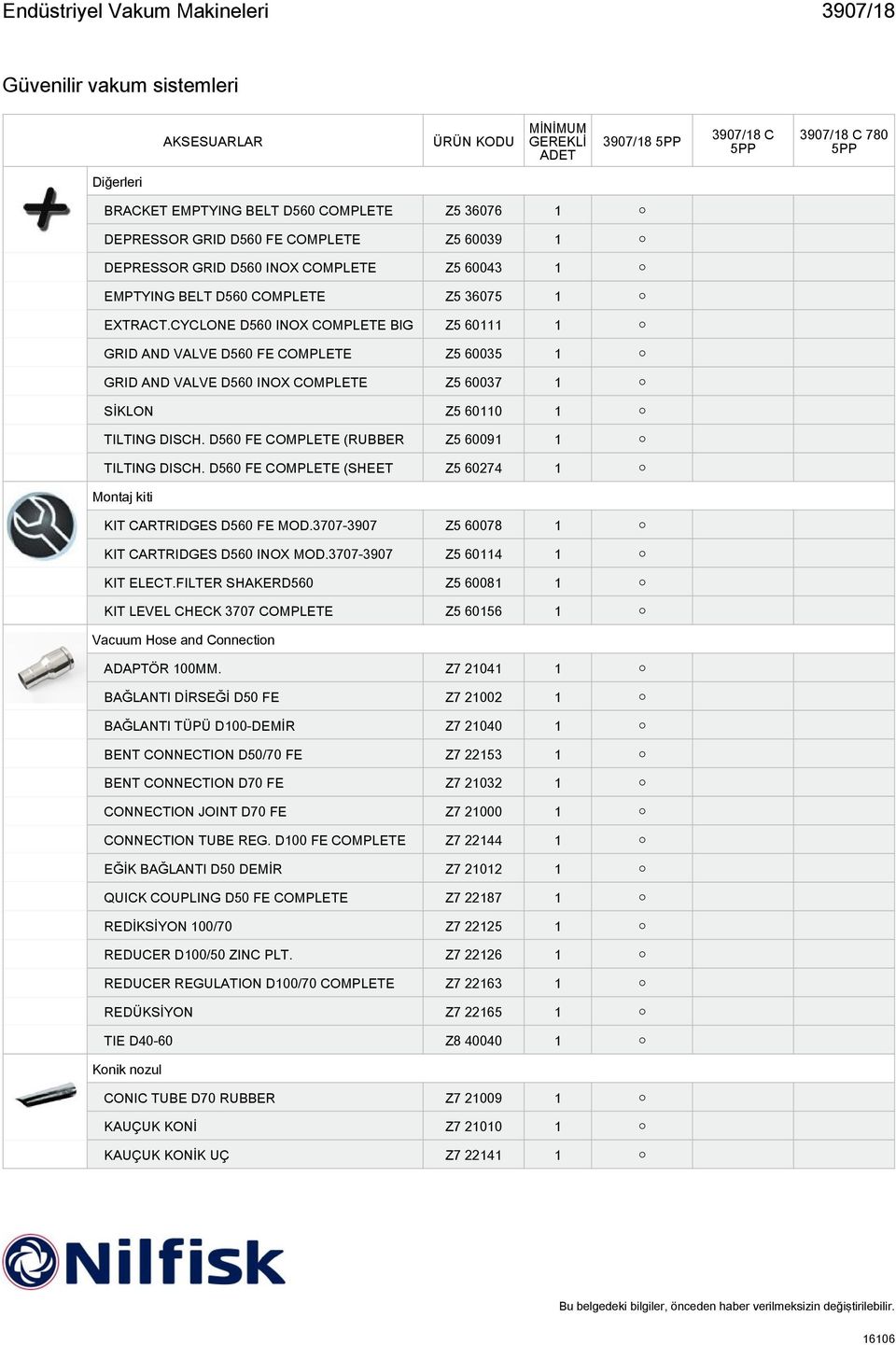 D560 FE COMPLETE (RUBBER Z5 60091 1 TILTING DISCH. D560 FE COMPLETE (SHEET Z5 60274 1 Montaj kiti KIT CARTRIDGES D560 FE MOD.3707-3907 Z5 60078 1 KIT CARTRIDGES D560 INOX MOD.