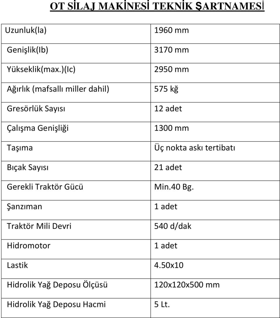 Traktör Gücü Şanzıman Traktör Mili Devri Hidromotor 1960 mm 3170 mm 2950 mm 575 kğ 12 adet 1300 mm Üç nokta