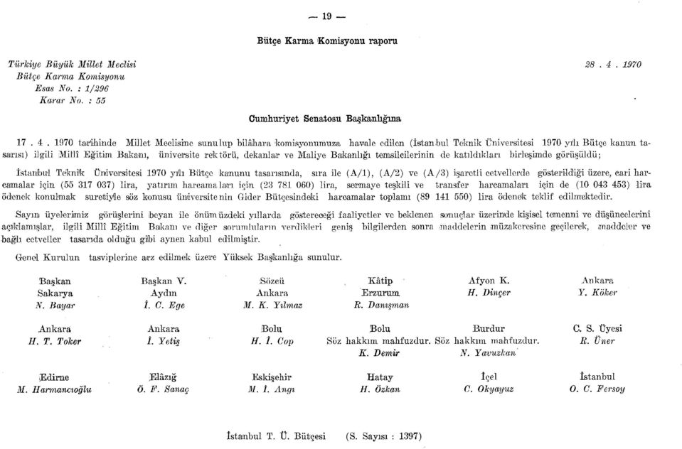 de katıldıkları İstanbul Teknik Üniversitesi 970 yılı Bütçe kanunu tasarısında, sıra ile (A/l), (A/) ve (A/3) işaretli cetv camalar için (55 37 037) lira, yatırım harcamaları için (3 7 060) lira,