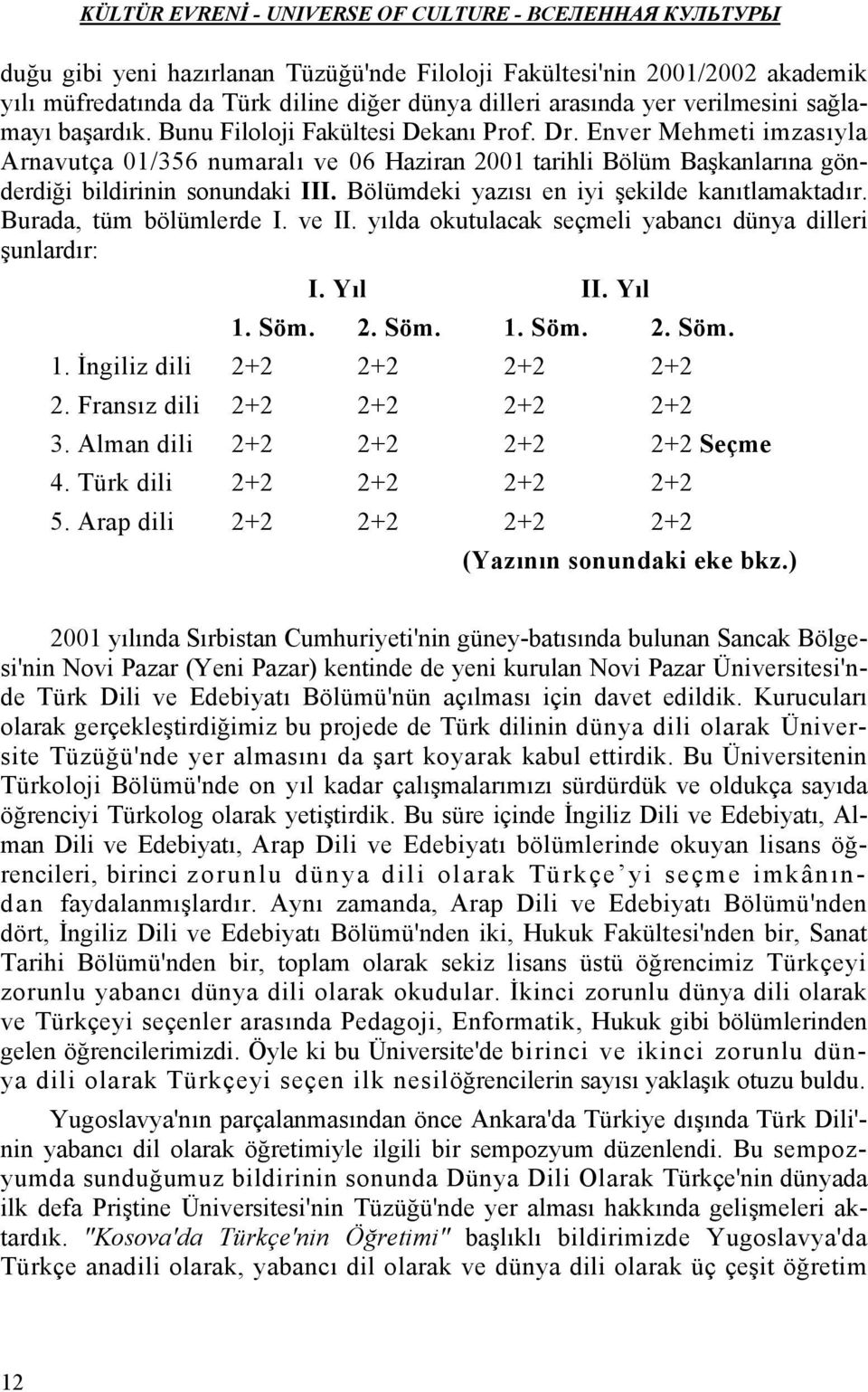 Bölümdeki yazısı en iyi şekilde kanıtlamaktadır. Burada, tüm bölümlerde I. ve II. yılda okutulacak seçmeli yabancı dünya dilleri şunlardır: I. Yıl II. Yıl 1. Söm. 2. Söm. 1. Söm. 2. Söm. 1. İngiliz dili 2+2 2+2 2+2 2+2 2.