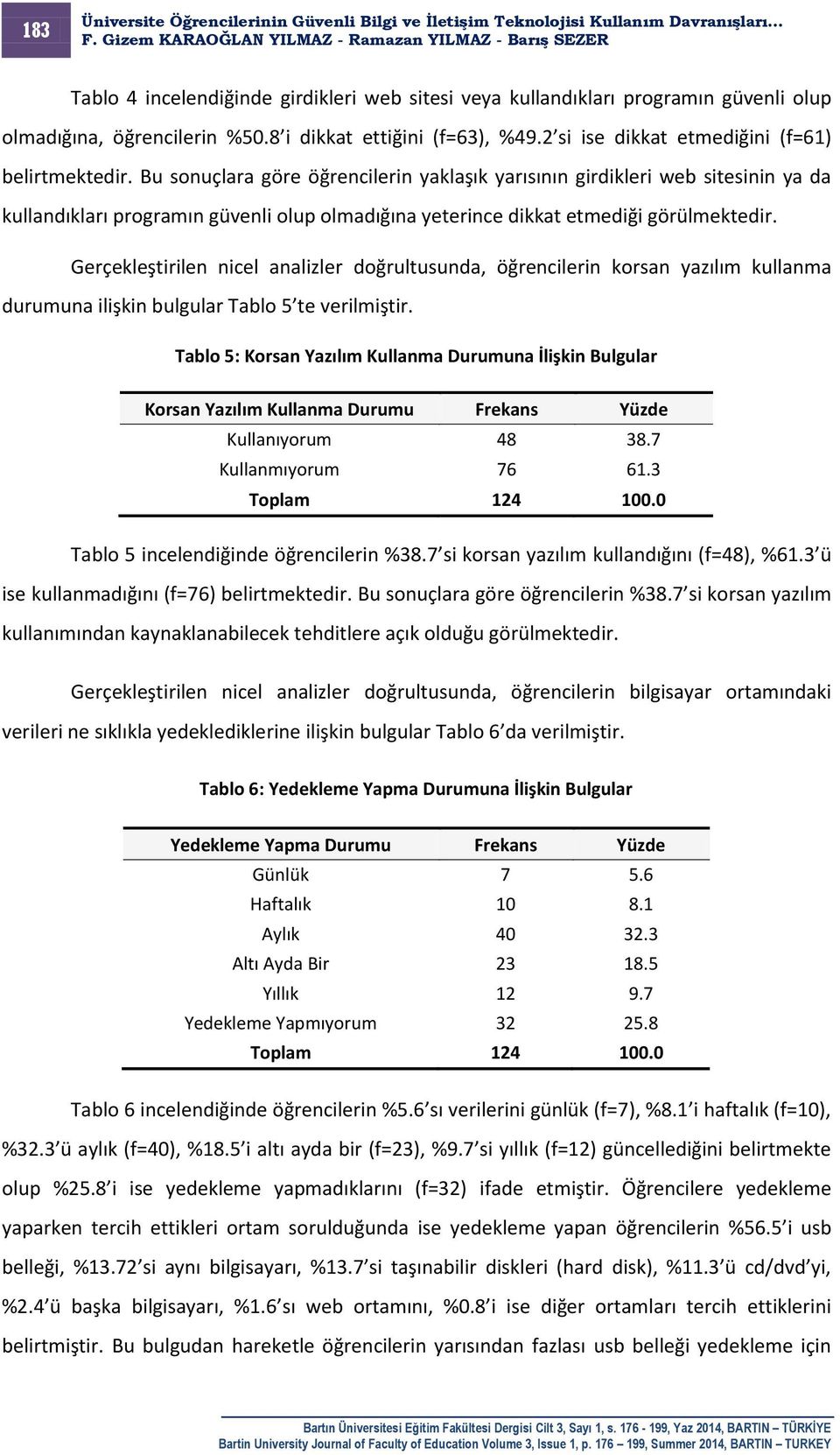 Bu sonuçlara göre öğrencilerin yaklaşık yarısının girdikleri web sitesinin ya da kullandıkları programın güvenli olup olmadığına yeterince dikkat etmediği görülmektedir.