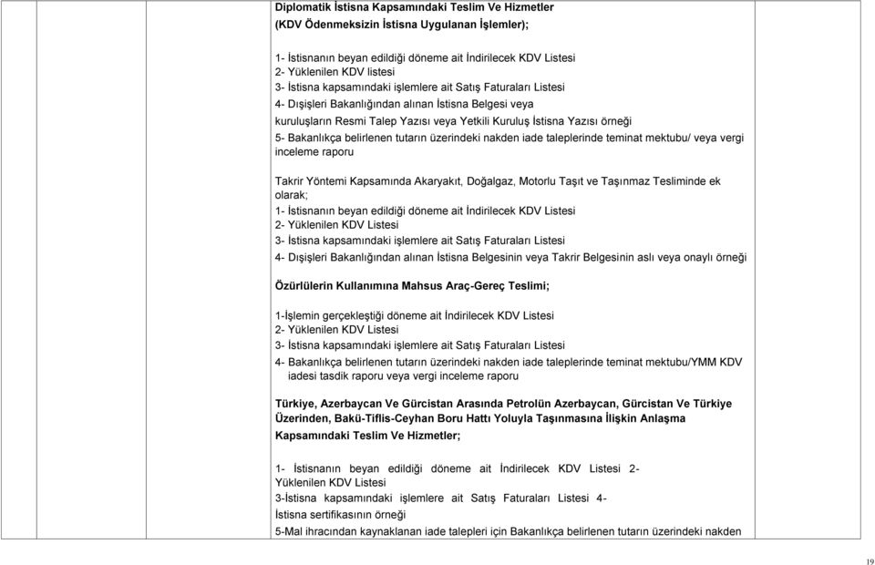 belirlenen tutarın üzerindeki nakden iade taleplerinde teminat mektubu/ veya vergi inceleme raporu Takrir Yöntemi Kapsamında Akaryakıt, Doğalgaz, Motorlu Taşıt ve Taşınmaz Tesliminde ek olarak; 1-