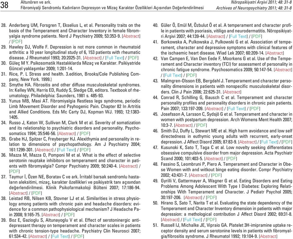 Depression is not more common in rheumatoid arthritis: a 10 year longitudinal study of 6, 153 patients with rheumatic disease. J Rheumatol 1993; 20:2025-31. [Abstract] / [Full Text] / [PDF] 30.