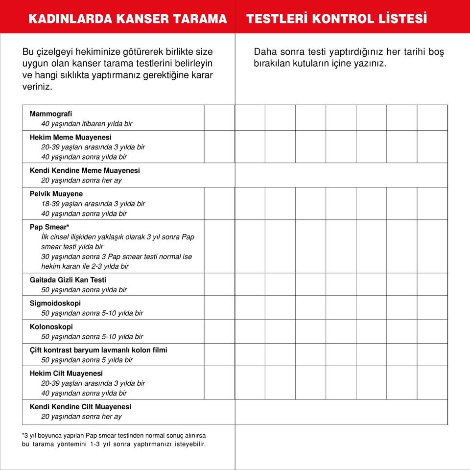 Mammografi 40 yafl ndan itibaren y lda bir Hekim Meme Muayenesi 20-39 yafllar aras nda 3 y lda bir Kendi Kendine Meme Muayenesi 20 yafl ndan sonra her ay Pelvik Muayene 18-39 yafllar aras nda 3 y lda