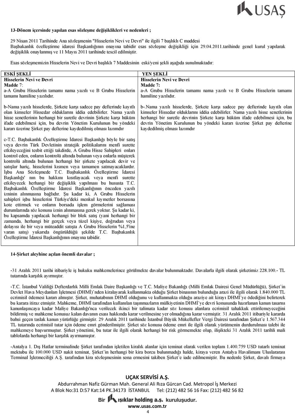 Esas sözleşmemizin Hisselerin Nevi ve Devri başlıklı 7 Maddesinin eski/yeni şekli aşağıda sunulmaktadır: ESKİ ŞEKLİ Hisselerin Nevi ve Devri Madde 7: a-a Grubu Hisselerin tamamı nama yazılı ve B