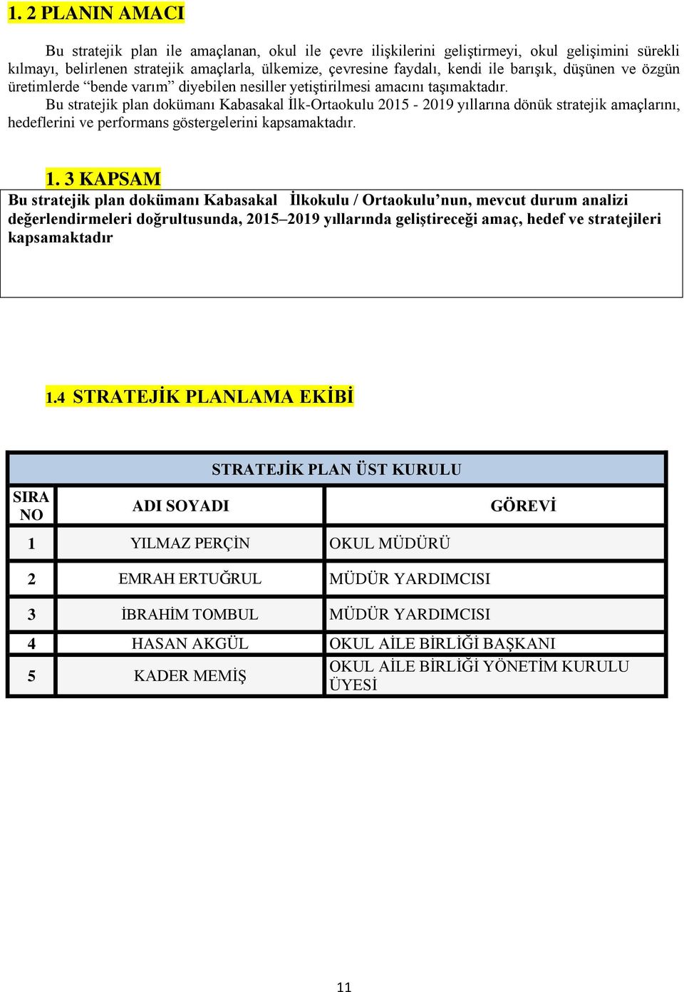 Bu stratejik plan dokümanı Kabasakal İlk-Ortaokulu 2015-2019 yıllarına dönük stratejik amaçlarını, hedeflerini ve performans göstergelerini kapsamaktadır. 1.