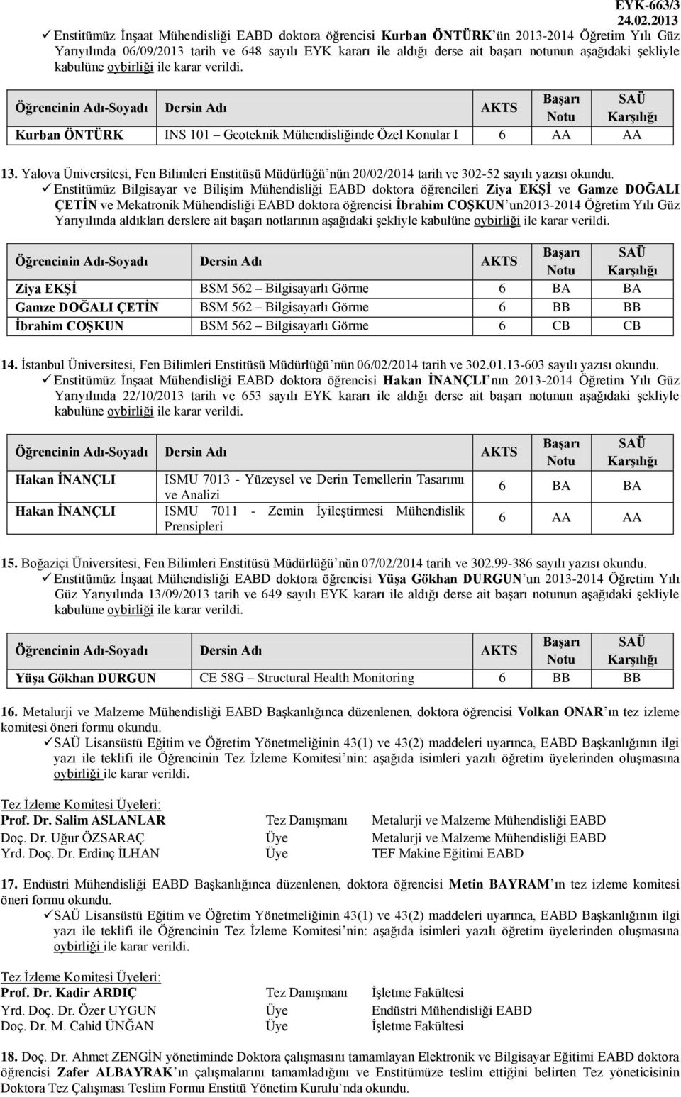 Yalova Üniversitesi, Fen Bilimleri Enstitüsü Müdürlüğü nün 20/02/2014 tarih ve 302-52 sayılı yazısı okundu.