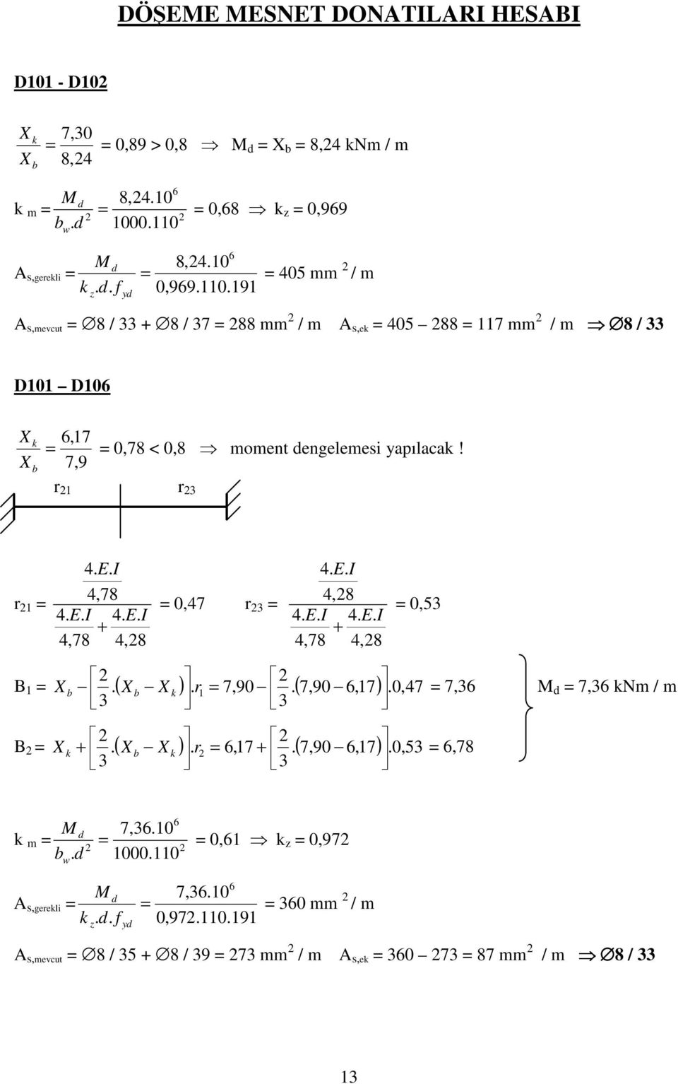 191 405 mm / m A s,mevcut 8 / 33 + 8 / 37 88 mm / m A s,ek 405 88 117 mm / m 8 / 33 D101 D10 X X k b,17 7,9 0,78 < 0,8 moment engelemesi yapılacak! r 1 r 3 r 1 4. E.