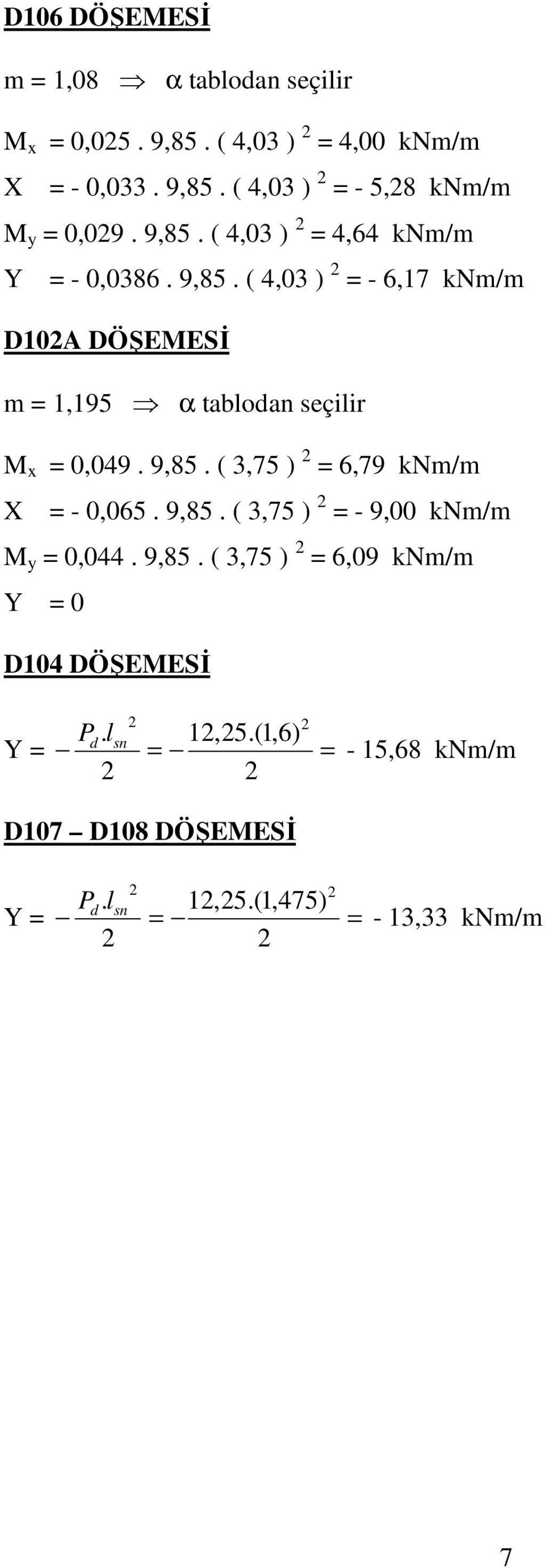 ( 4,03 ) -,17 knm/m D10A DÖŞEESĐ m 1,195 α tabloan seçilir x 0,049. 9,85. ( 3,75 ),79 knm/m X - 0,05. 9,85. ( 3,75 ) - 9,00 knm/m y 0,044.