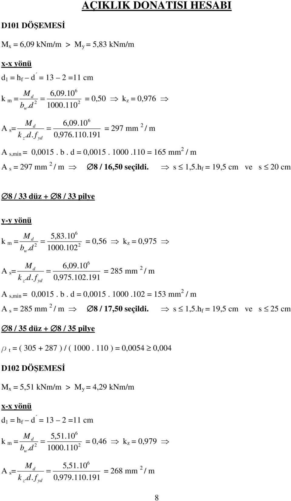 10 0,975.10.191 85 mm / m A s,min 0,0015. b. 0,0015. 1000.10 153 mm / m A s 85 mm / m 8 / 17,50 seçili. s 1,5.