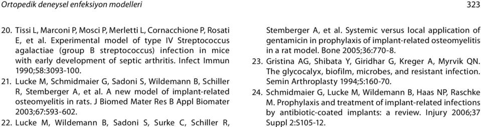 Lucke M, Schmidmaier G, Sadoni S, Wildemann B, Schiller R, Stemberger A, et al. A new model of implant-related osteomyelitis in rats. J Biomed Mater Res B Appl Biomater 2003;67:593-602. 22.