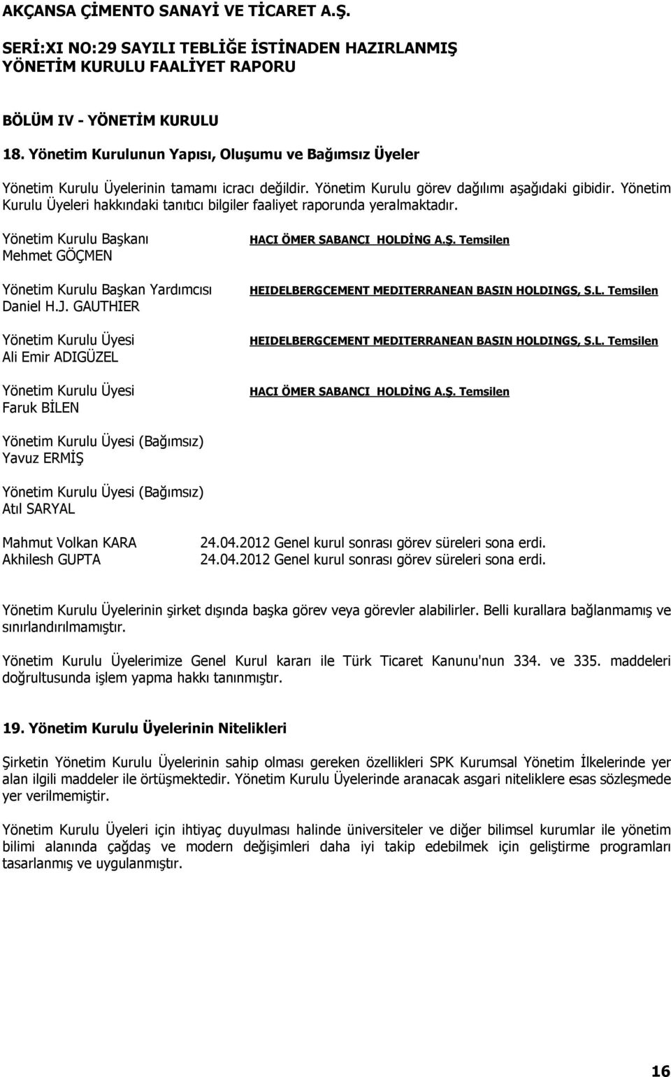 GAUTHIER Yönetim Kurulu Üyesi Ali Emir ADIGÜZEL Yönetim Kurulu Üyesi Faruk BİLEN HACI ÖMER SABANCI HOLDİNG A.Ş. Temsilen HEIDELBERGCEMENT MEDITERRANEAN BASIN HOLDINGS, S.L. Temsilen HEIDELBERGCEMENT MEDITERRANEAN BASIN HOLDINGS, S.L. Temsilen HACI ÖMER SABANCI HOLDİNG A.