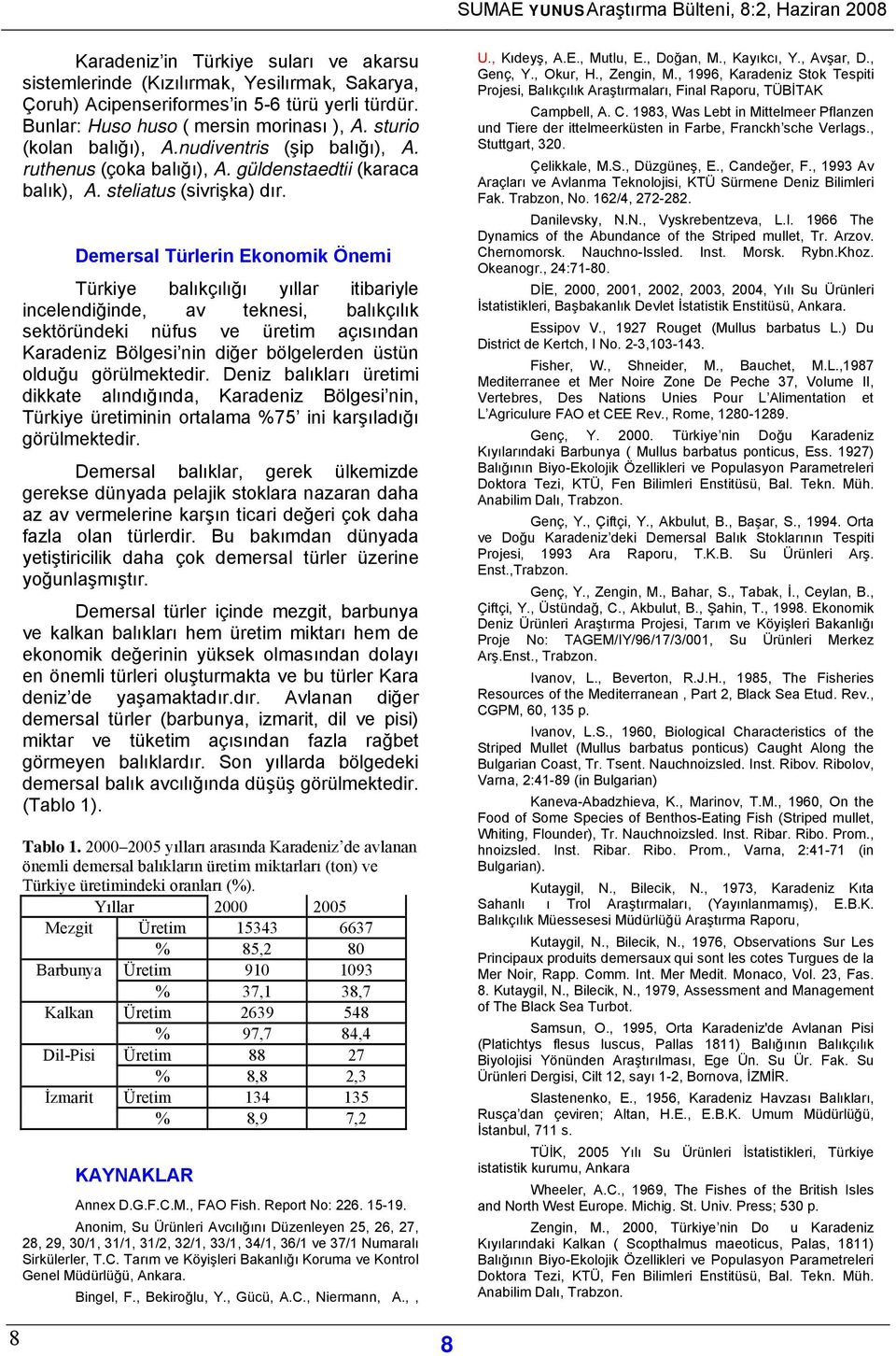 Demersal Türlerin Ekonomik Önemi Türkiye balıkçılığı yıllar itibariyle incelendiğinde, av teknesi, balıkçılık sektöründeki nüfus ve üretim açısından Karadeniz Bölgesi nin diğer bölgelerden üstün